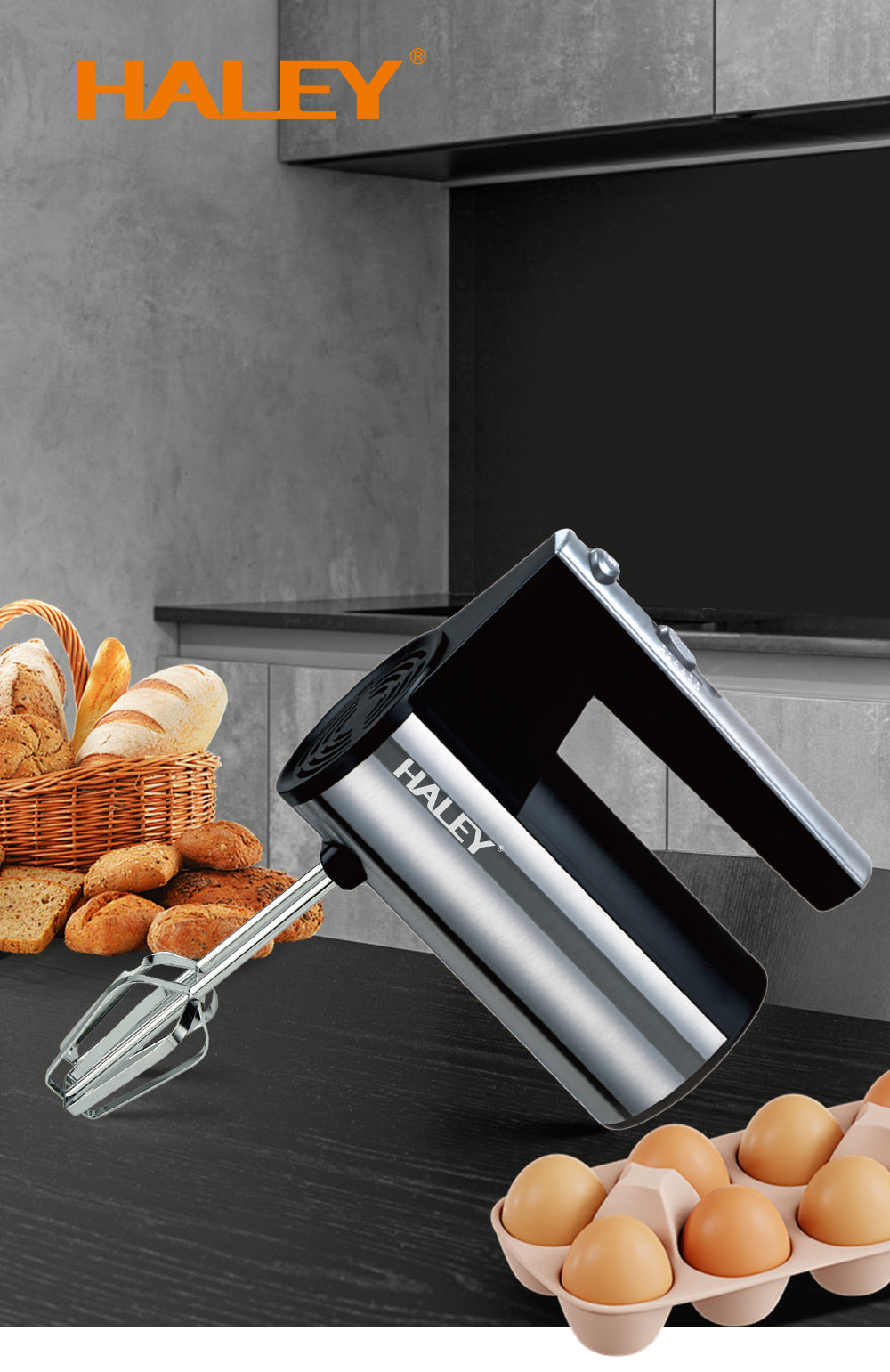 Mixer de Mână din Inox HALEY 500W – 5 viteze, silențios, motor puternic, accesorii incluse